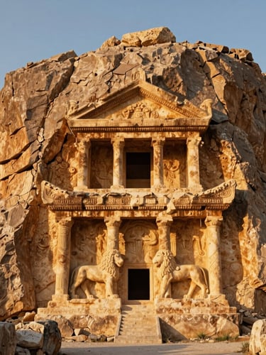 Wide portrait shot of Aslanlı Kaya monument in Döğer, ancient Phrygian rock-cut tomb with lion relief, warm golden hour light, rustic stone texture.
