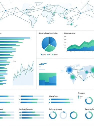 Flat vector illustration of a digital logistics dashboard showing shipping rates, clean geometric charts, white background with blue and green accents, minimalist style