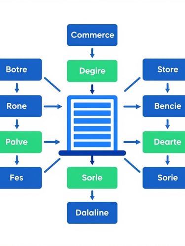 Flat vector illustration of e-commerce store integration pathways connecting seamlessly into a central database, clean geometric shapes, white background, blue and green accents
