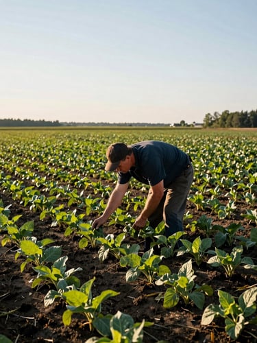 An agricultural worker inspecting crops in a Quebec field during golden hour, environmental documentary style, high-contrast natural light