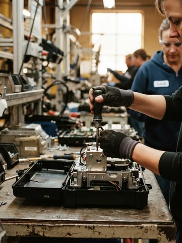 A close-up of hands working on a manufacturing assembly line in Quebec, warm industrial daylight, sharp focus, 35mm lens