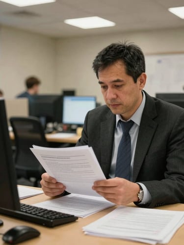 A professional document coordinator reviewing legal papers under warm office lighting in Sherbrooke, focused expression, authentic environmental documentary photography, 35mm.