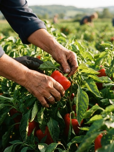 A close-up of an agricultural worker's hands harvesting crops in a warm, sunlit Quebec field, authentic environmental documentary style, 35mm lens
