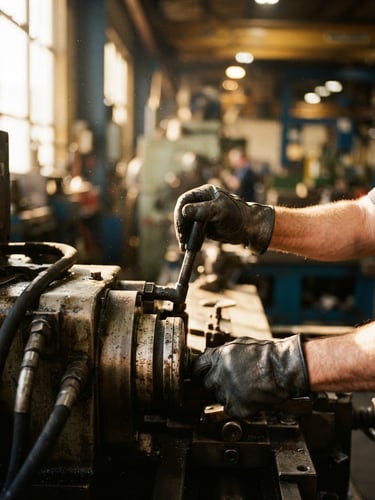 A close-up of hands operating heavy machinery in a Sherbrooke manufacturing facility, warm industrial daylight, authentic environmental documentary photography, 35mm.