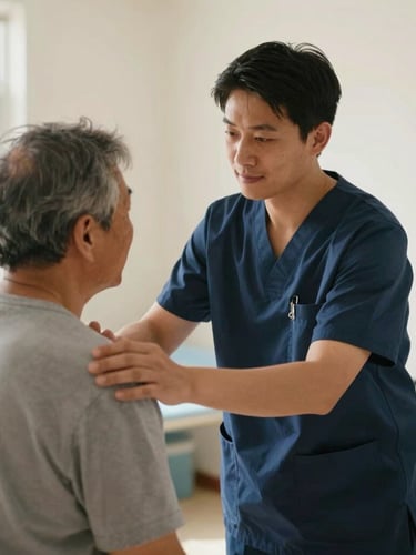 A healthcare worker in scrubs assisting a resident in a brightly lit, warm clinical environment, natural daylight, genuine interaction