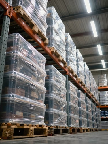Wide warehouse interior shot from a low angle looking up at rows of sealed industrial plastic containers stacked on heavy metal shelving, overhead fluorescent lighting casting hard shadows on the textured polyethylene surfaces, foreground pallet edge visible, deep perspective receding into the background