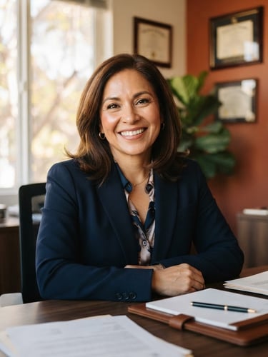 Warm editorial portrait of a professional Hispanic attorney smiling warmly in a sunlit El Monte office, terracotta accents in background, soft natural window light, shallow depth of field