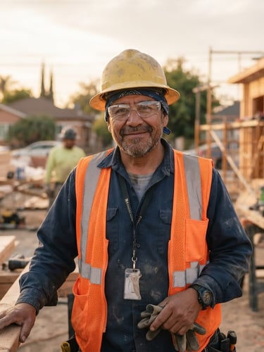 A warm, respectful portrait of a local Hispanic construction worker in safety gear, smiling softly in warm afternoon light, El Monte community background, shallow depth of field