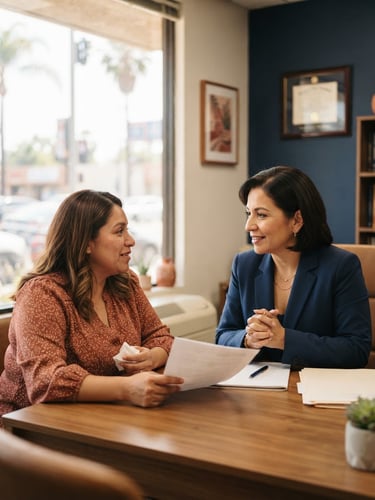 Warm environmental portrait of a Hispanic attorney in El Monte, talking compassionately with a client in a sunlit office, terracotta accents, navy blue tones, shallow depth of field