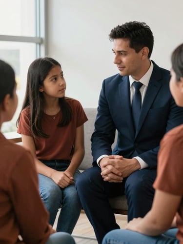 Medium-close shot of a warm, empathetic conversation between a professional attorney and a working-class Hispanic family in a bright office, soft natural window light, deep navy tones