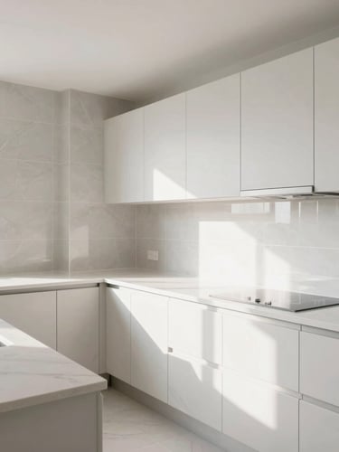 Crisp architectural photography of a modern, clean kitchen remodel with bright natural daylight illuminating flawless tile joints and pristine countertops.