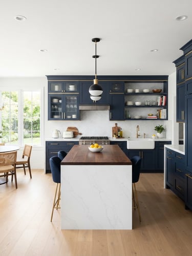 Straight-on architectural photo of a modern kitchen remodel, bright natural daylight, clean white countertops and navy blue cabinets, sharp focus