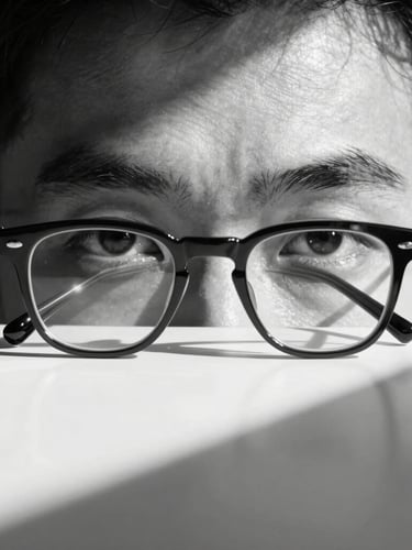 Crisp black-and-white portrait of a master optician in a minimalist studio, sharp geometric shadows, direct sunlight, focusing on the eyes and a bold structural acetate frame.