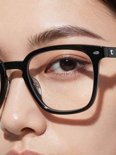 Bespoke optical frame on a model's face, focusing strictly on the eye and the precise fit of the bridge, high-contrast studio lighting, 35mm