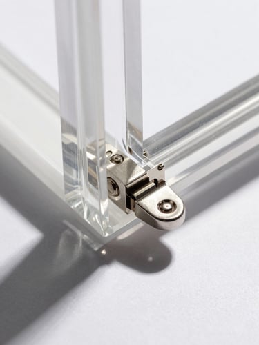 Extreme macro shot of a hand-polished acetate frame hinge, showcasing the precise bevel and metallic pin details, high-contrast studio lighting, sharp geometric shadows.