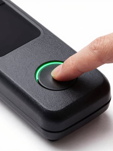 Macro close-up of a hand quickly tapping a sleek black card reader, high-contrast studio lighting, sharp focus, neon-green status light on the reader