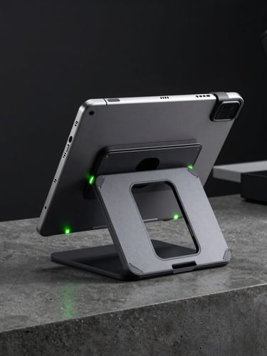 Crisp product photography of a rugged iPad stand on a dark concrete checkout counter, high-contrast studio lighting, vibrant neon-green status light glowing on the side, sharp focus, 50mm lens