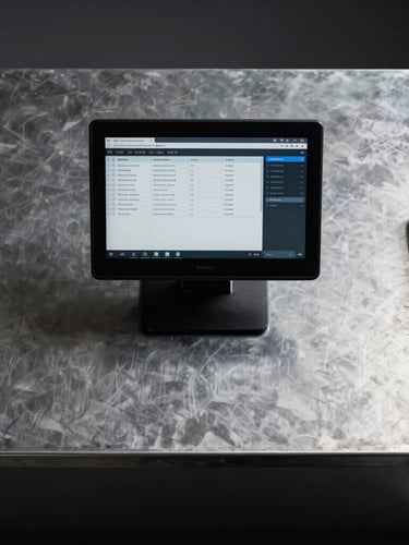 Tight overhead flat-lay of a rugged metal checkout counter, a sleek terminal displaying transaction logs, crisp dramatic shadows.