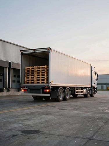 Wide environmental shot of a fully loaded Pégase Transport truck backed up to an industrial loading dock at early morning, pallets visible through open trailer doors, overcast Belgian sky, concrete yard, natural flat daylight — no studio lighting, no people posing