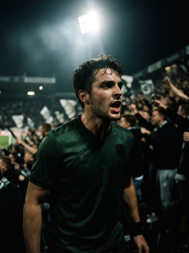 Moody athletic close-up of a supporter wearing a dark green football kit, dramatic stadium floodlight illumination, high-contrast 35mm film.