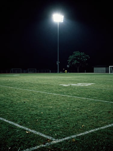 Moody athletic photography of a football pitch under dramatic stadium floodlights, high-contrast 35mm film style, sharp shadows, deep pitch-green tones.