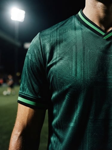 Moody close-up of a premium textured football jersey with pitch-green details under dramatic stadium floodlights, high-contrast 35mm film style.