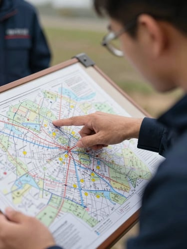 Close-up of an instructor pointing to a technical logistics map during an emergency simulation, natural daylight, focused expression, operational setting.