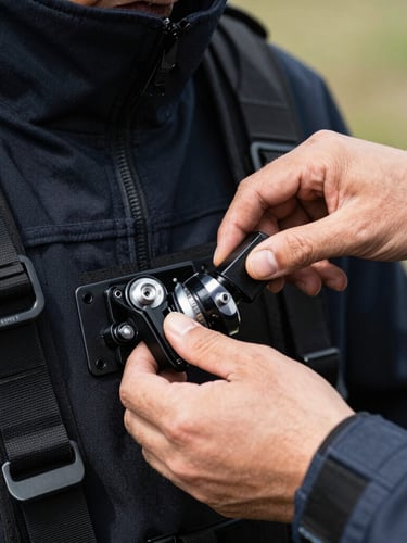 Close-up of hands-on emergency simulation gear, natural daylight, focus on technical coordination equipment during a training session.