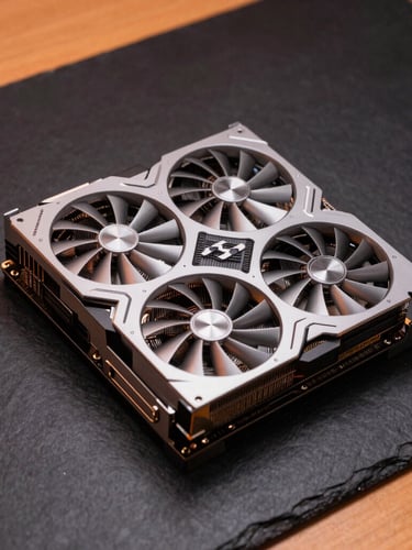 Crisp product photography of a high-end graphics card and motherboard on a dark slate workbench, subtle orange ambient glow, macro lens shot, clean studio lighting