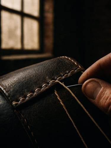 Macro photograph of weathered dark leather being hand-stitched with thick waxed thread in a historic brick workshop, dramatic single-source window light, high contrast, 35mm film grain