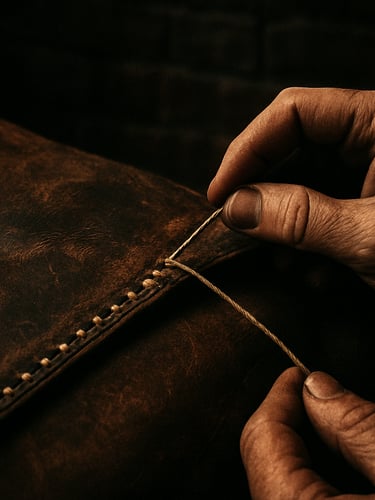 Close-up of weathered brown leather being hand-stitched with thick waxed thread in a dark brick workshop, low-key side-lighting, tactile textures