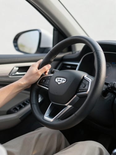 A close-up of hands on a leather steering wheel of a modern manual car, soft morning light filtering through the window, professional 35mm photography.