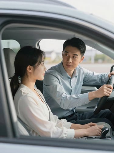 Medium interior shot looking from the back seat of a clean modern automatic car, a calm instructor guiding a confident student, soft morning daylight