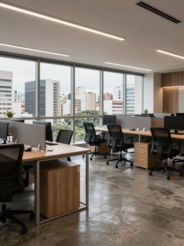 Interior of a modern office suite in São Paulo, open-plan workstations under recessed lighting, floor-to-ceiling windows showing city view, polished concrete floor, natural daylight