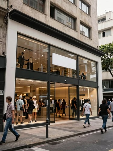 Storefront of a retail unit on a busy São Paulo street, glass facade, clean signage mounting points, pedestrian traffic visible outside, wide shot showing full shopfront and pavement, natural daylight
