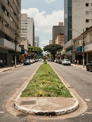 Street-level photograph of a corner land plot in a Brazilian city center, two-street frontage visible, clear boundaries, surrounding commercial buildings, natural midday light, no people