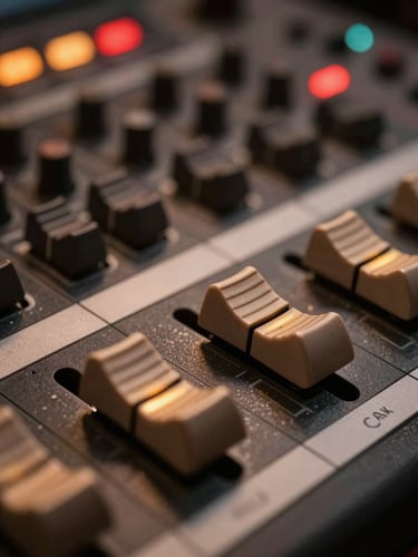 Extreme close-up of vintage analog mixing console faders glowing under low-key warm amber and deep red studio lights, shallow depth of field.