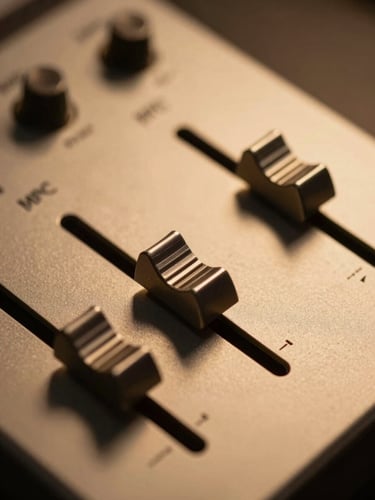 Extreme close-up of MPC pads and faders under warm amber studio light, high contrast, deep shadows.