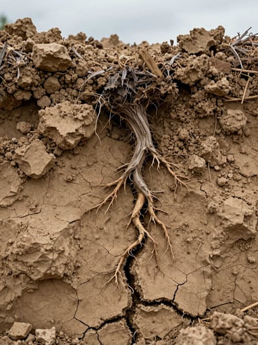 Extreme close-up of clay-limestone soil in a Calosso vineyard, cracked surface texture, a few exposed vine roots, diffused overcast light from above, no people, no colour grading