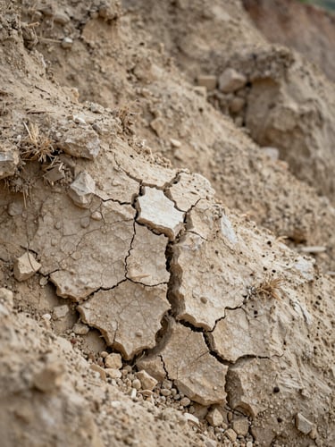 Extreme close-up of Calosso hillside soil, clay-limestone texture visible in raking diffused light, cracked pale earth surface with a fragment of limestone, no people, no equipment