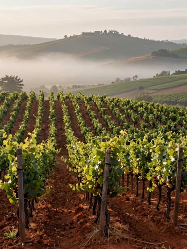 Wide view from a hillside vineyard row in Calosso at early morning, mist settling in the valley below, clay-red soil visible between vine trunks, diffused northern light, no people, high tonal range