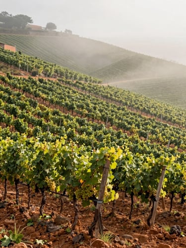 Wide shot looking down steep Calosso vineyard rows at harvest, morning mist still clinging to the lower parcels, diffused northern light, terracotta soil visible between vine roots, no people in frame