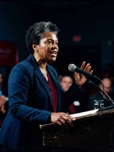 Dynamic medium-close shot of a community leader speaking at a local town hall podium, dramatic side-lighting, deep navy background tones, sharp focus, 35mm.