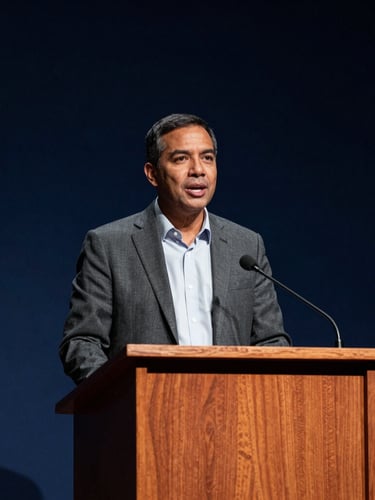 Dramatic 35mm editorial portrait of a local community leader speaking confidently at a town hall podium, warm key light, deep navy background shadow