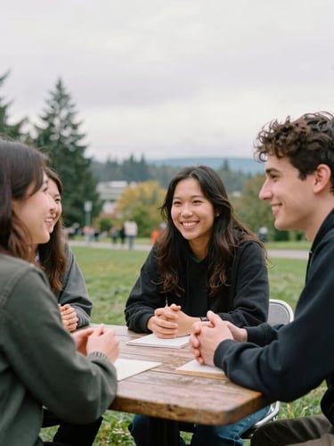 Candid medium shot of three young Seattle organizers talking warmly around a wooden table in an overcast outdoor park, natural Pacific Northwest daylight, 35mm film
