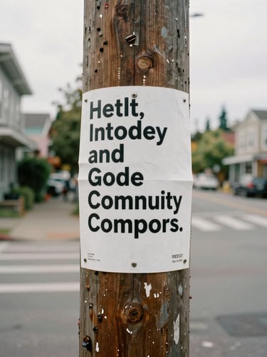 A hand-printed community poster on a weathered cedar telephone pole in a Seattle neighborhood, soft overcast daylight, background of local streets, authentic texture, 35mm film.