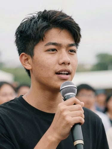Candid close-up of a young leader speaking confidently into a microphone at an outdoor community event, natural overcast daylight, soft background