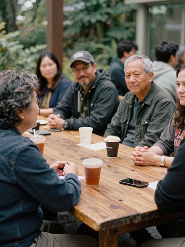 Candid medium shot of a diverse group of Seattle residents in deep conversation around a rustic wooden table, warm natural Pacific Northwest light, 35mm film style