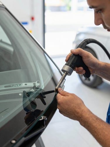 Close-up of a technician's hands gripping a suction tool and positioning a new windshield onto a vehicle frame inside a bright workshop, side-raking daylight illuminating the glass edge and tool grip, clean shop floor visible below