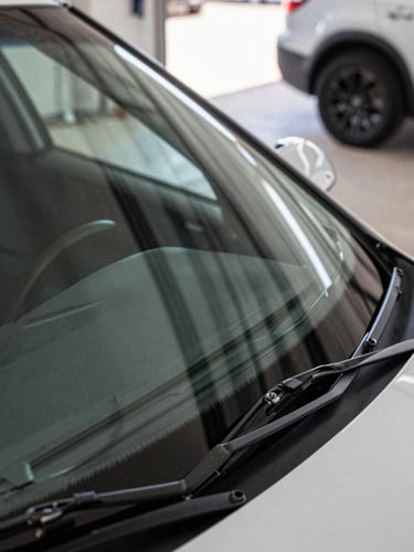 Close-up of a freshly installed windshield on a vehicle, bright side-raking daylight illuminating the glass edge and revealing the clean seal, shop floor visible in soft background, no people